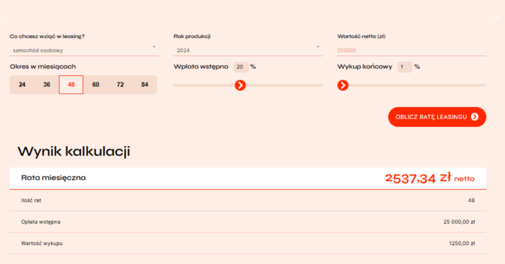 125 000 zł netto / 10% wpłaty / 60 miesięcy / 10% wykupu / rata 2208,62 zł netto)